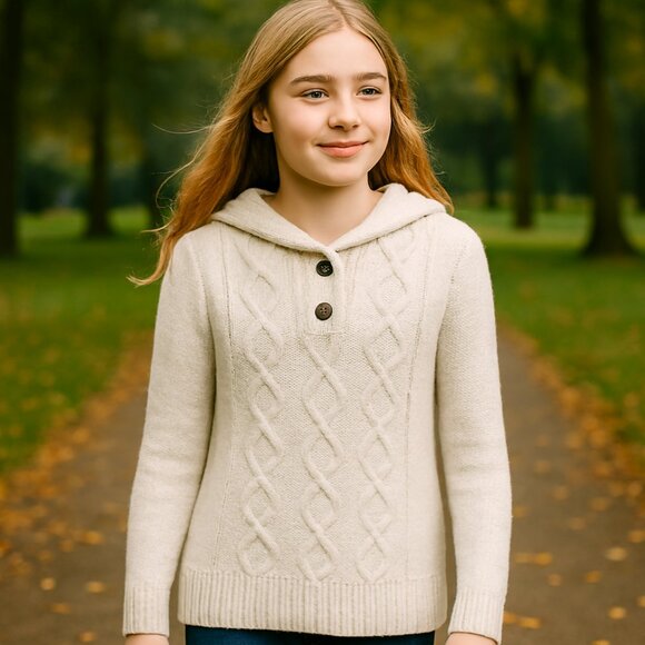 Old Navy Fisherman Cable Knit Trend junior girl XL cream hooded pullover sweater - Picture 1 of 5